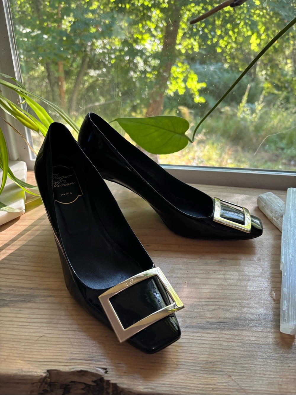Roger Vivier Black Patent Pumps with Gold Buckle